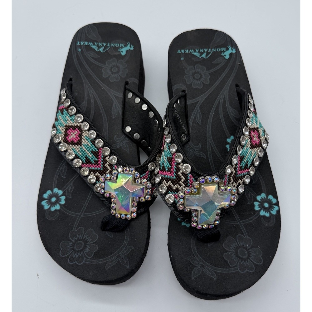 Montana West Women's Flip Flop Sandals Black Studded Beaded Size 8